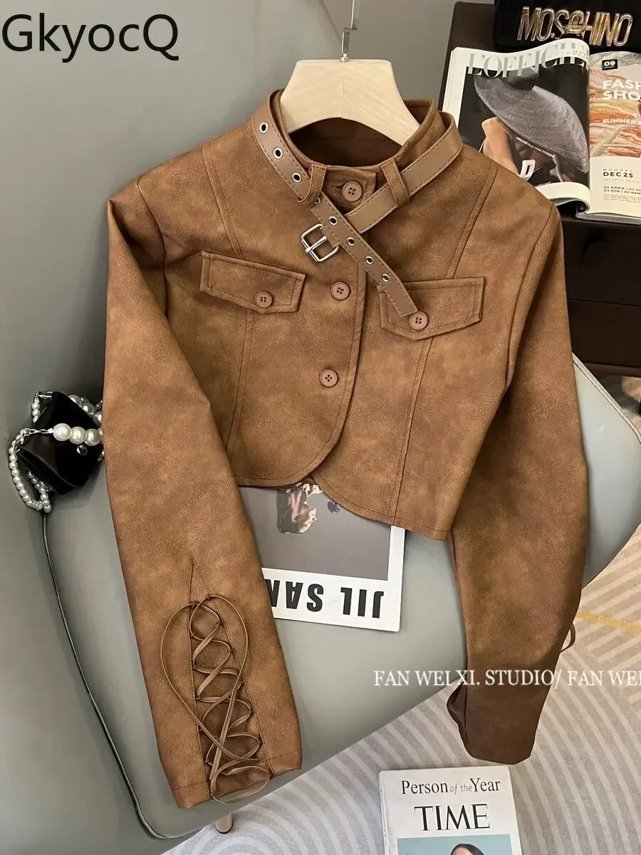 Korean Chic Retro Brown PU Leather Slim Jacket