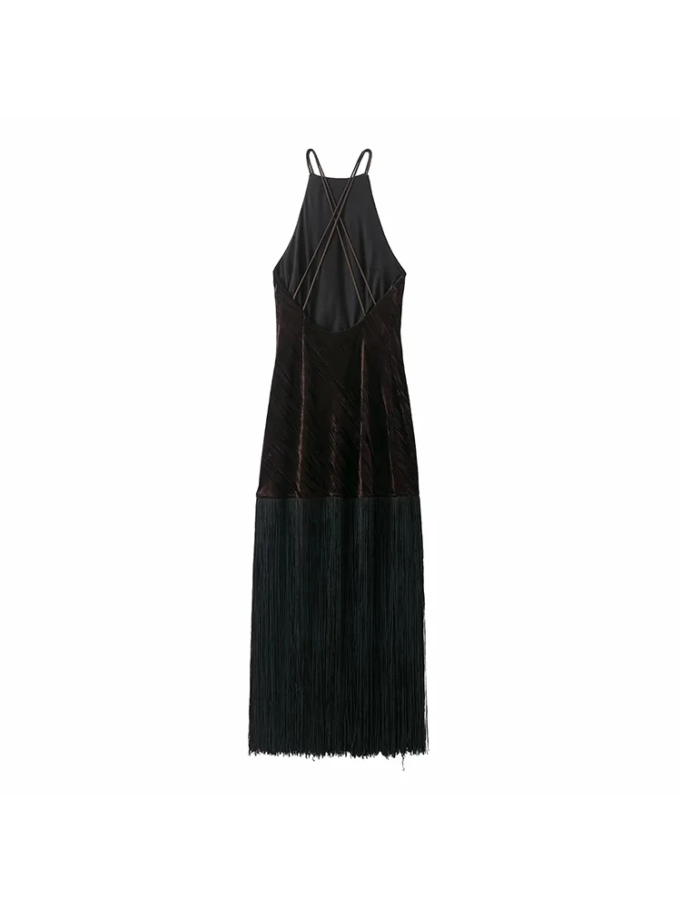 Women’s Velvet Tassel Halter Maxi Dress - Image 2