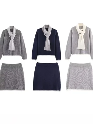 Women’s Autumn Winter Contrast Knit Sweater Skirt Set