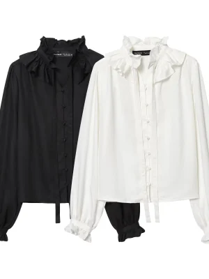 Winter Casual Pleated Collar Long Sleeve Top