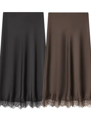 Winter Women's High-Waist Lace Trim Silk Midi Skirt