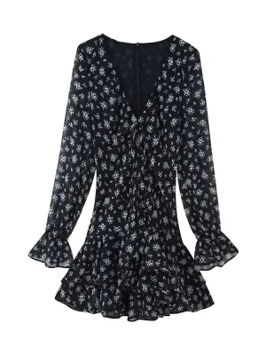 Women’s Autumn V-Neck Printed Waist-Fit Dress