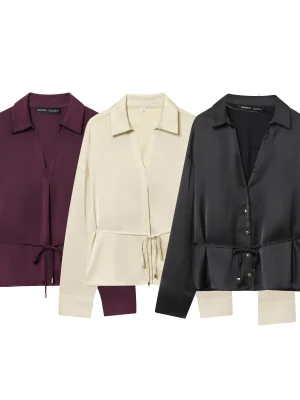 Chic Textured Long Sleeve Lapel Shirt for Women