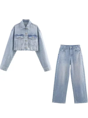 Autumn Rhinestone Denim Jacket & High-Waist Straight Jeans Set