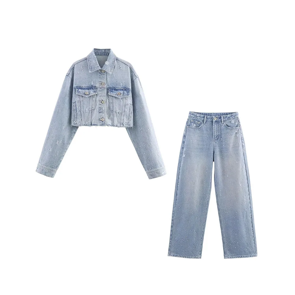 Autumn Rhinestone Denim Jacket & High-Waist Straight Jeans Set