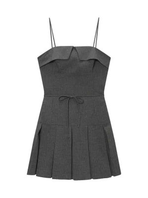 Autumn Suspender Pleated Stripe Mini Dress