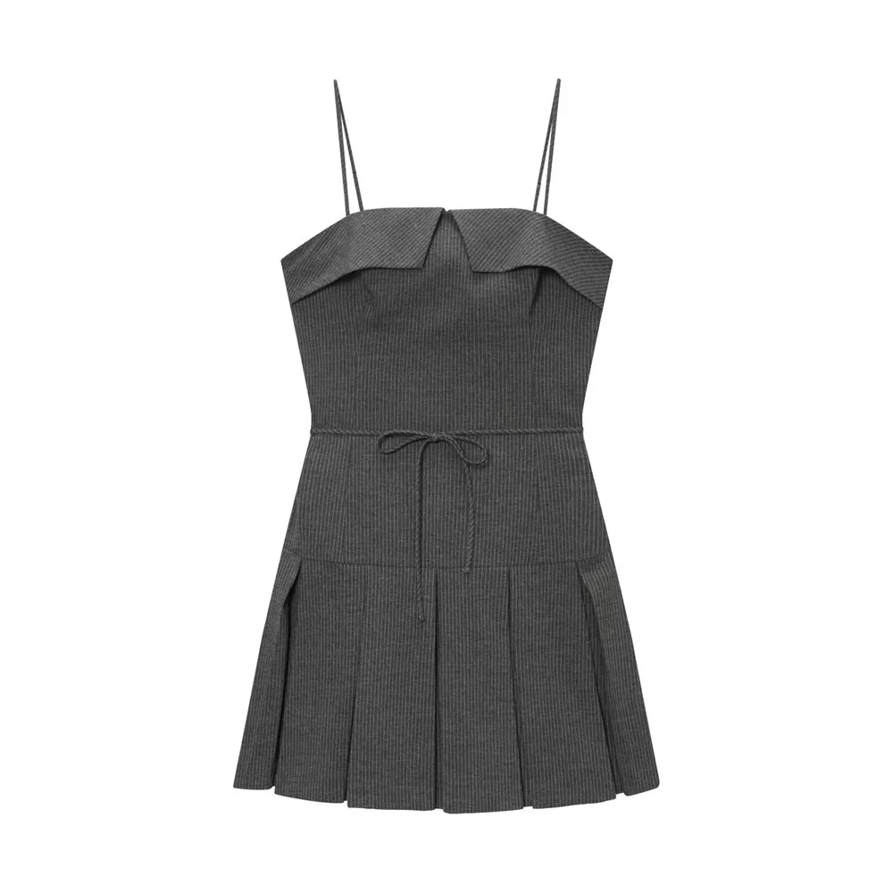 Autumn Suspender Pleated Stripe Mini Dress