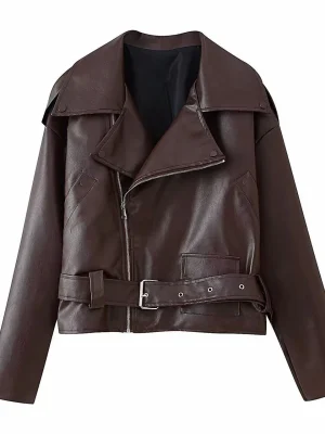 Women’s Short Belted Faux Leather Jacket