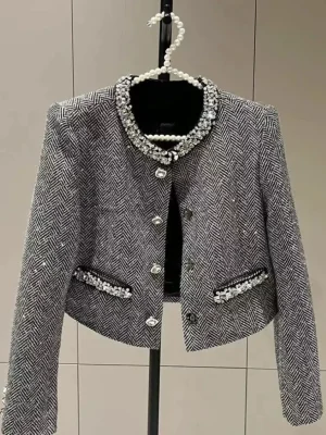 French Tweed O-Neck Short Button Jacket