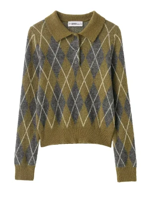 Winter New Diamond Knit Long-Sleeve Polo Top