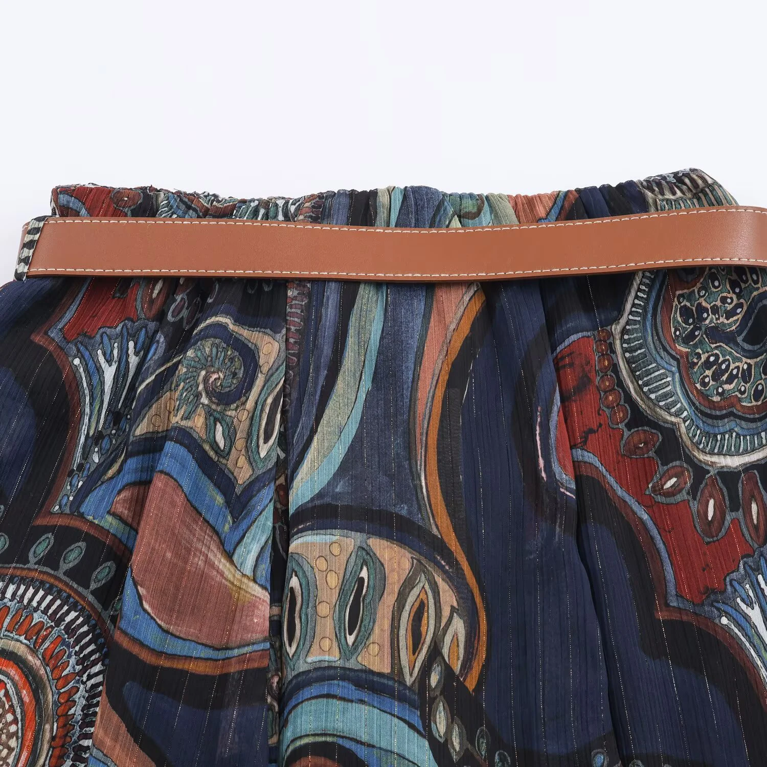 European Style Belted Metal-Wire Print Midi Skirt - Image 4