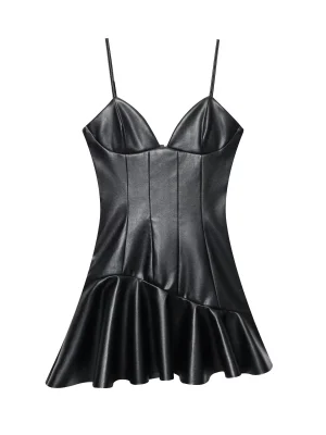 Winter French PU Leather Sleeveless Short Dress