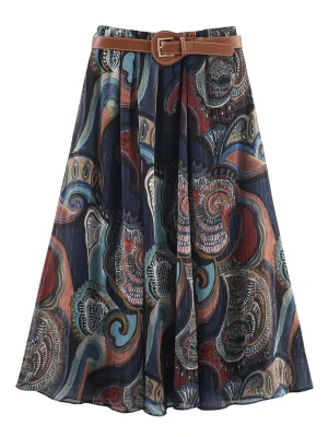 European Style Belted Metal-Wire Print Midi Skirt