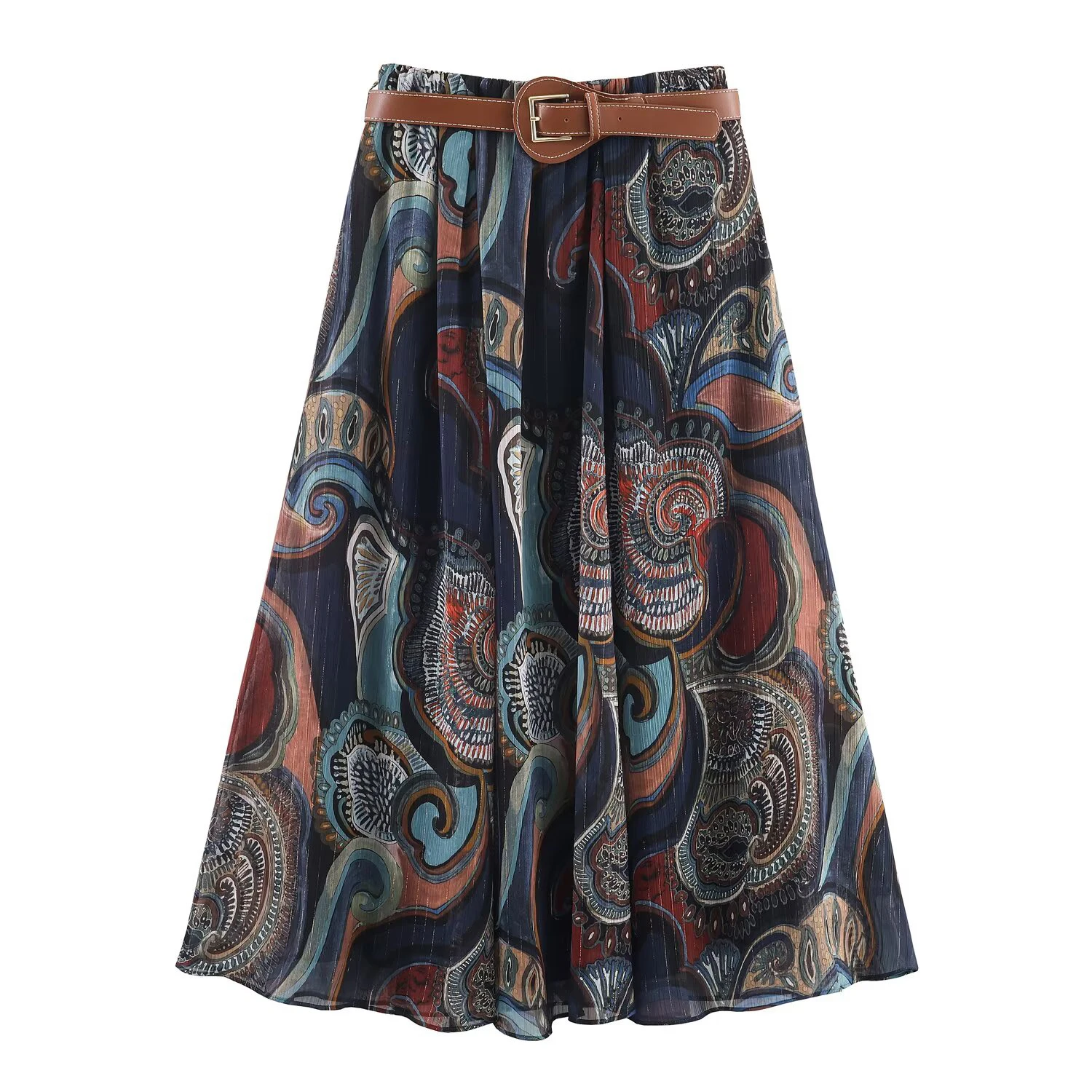 European Style Belted Metal-Wire Print Midi Skirt