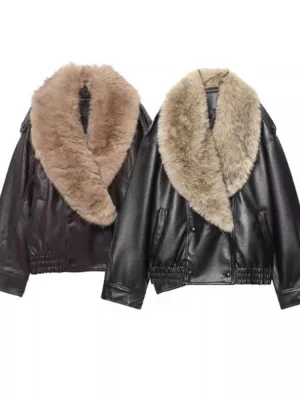 Women’s Winter Detachable Collar Faux Leather Jacket