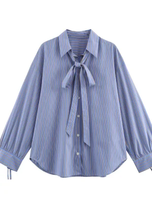 European-Style Long-Sleeve Bow Striped Shirt