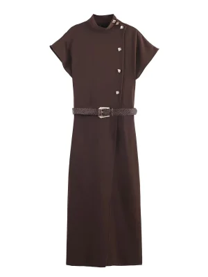 Women’s 2025 Stand Collar Belted Midi Dress