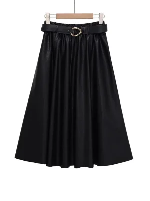 Autumn Winter Belted Leather Effect MIDI Skirt