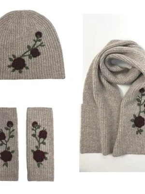Cozy Flower Embroidered Knit Set Scarf Hat and Gloves