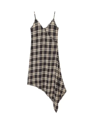 Winter Seaside Hairy-Edge Asymmetric Grid Dress