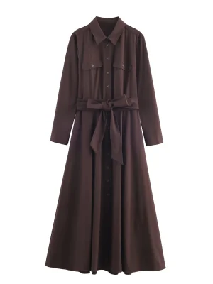 Women’s Winter Flared Collar Belted Shirt Dress