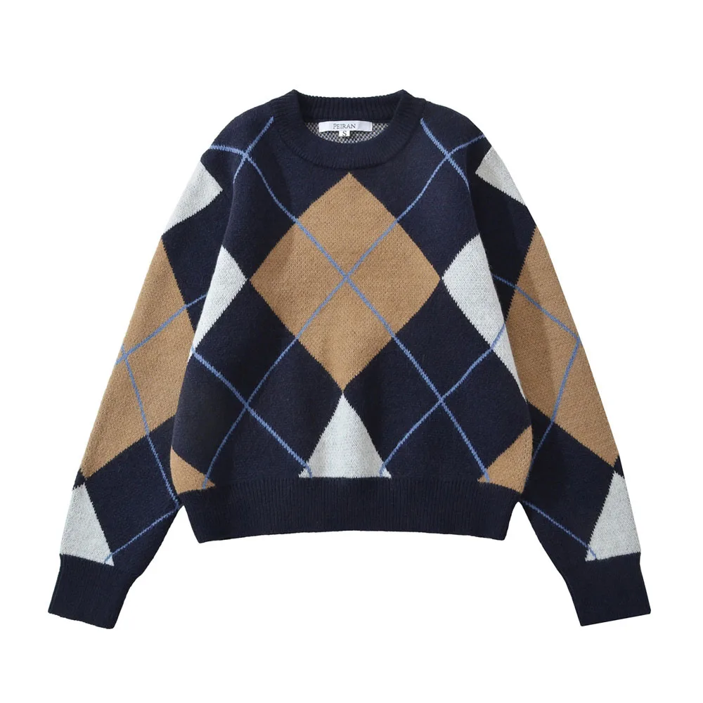Autumn Winter Diamond Grid Knit Sweater