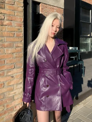 High-End Double-Breasted Belted Leather Mid-Length Coat