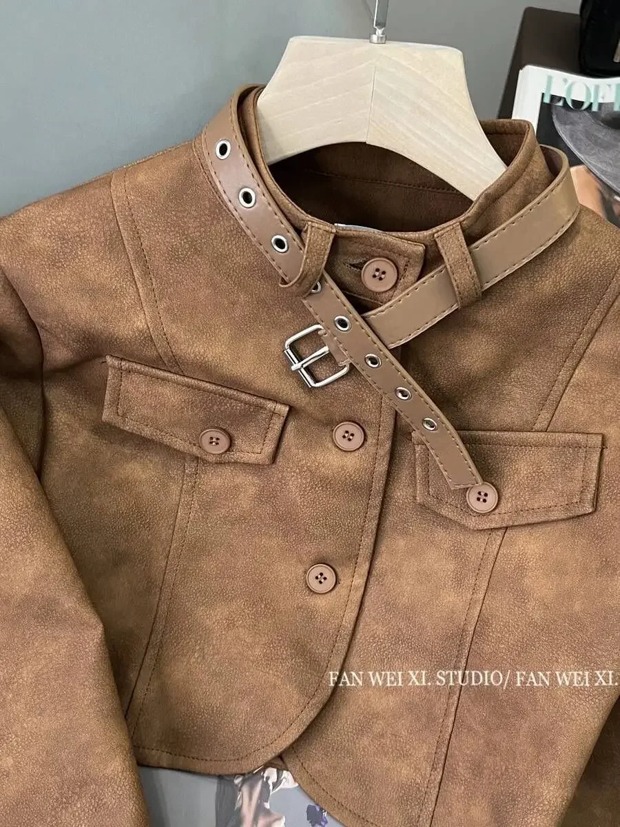 Korean Chic Retro Brown PU Leather Slim Jacket - Image 4