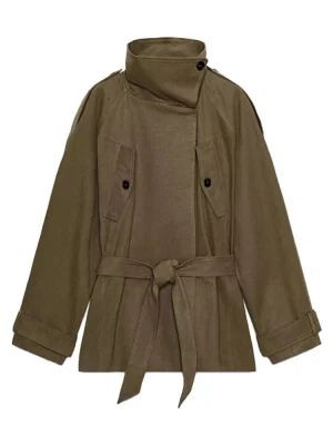 Women’s Stand Collar Cotton Windbreaker with Bow Belt