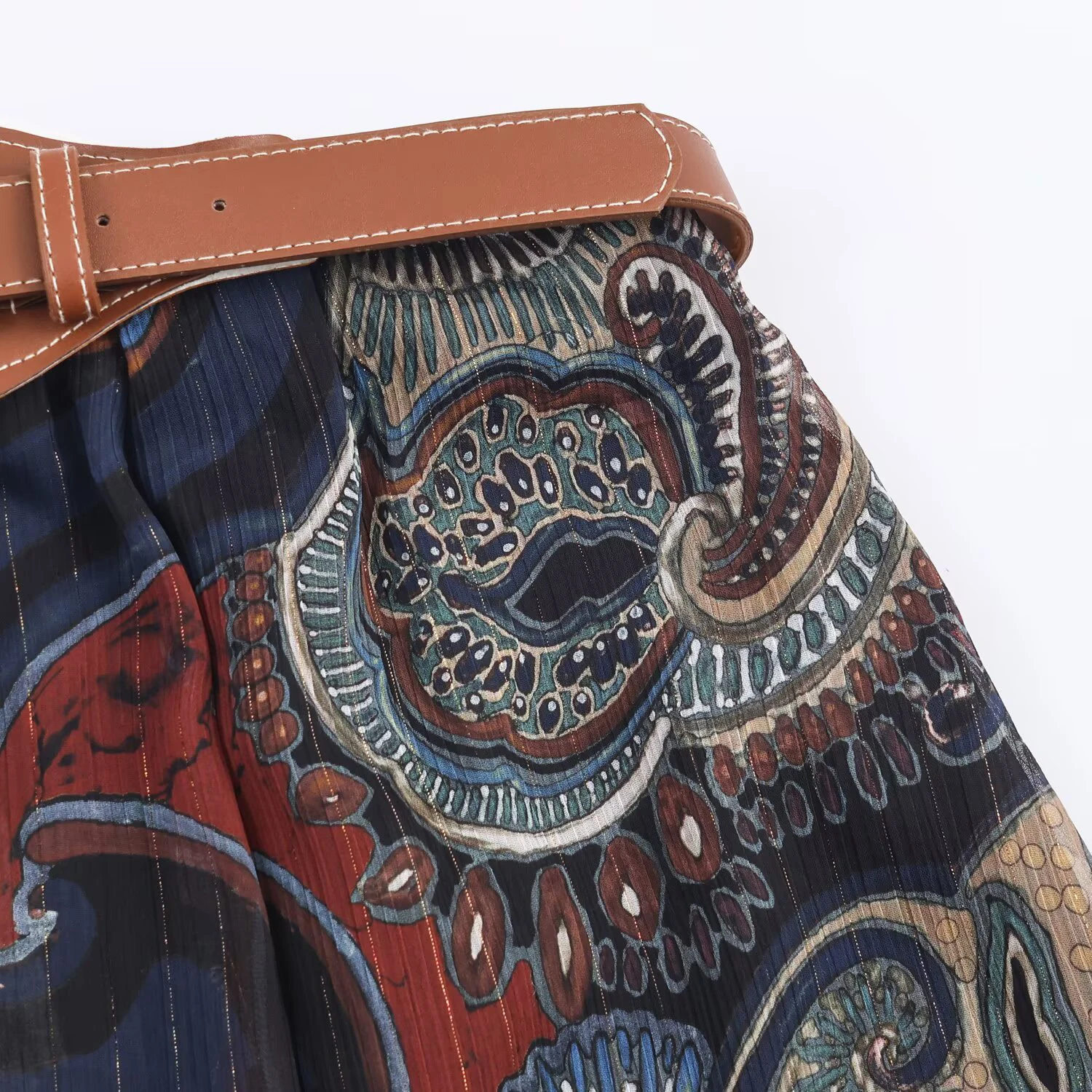 European Style Belted Metal-Wire Print Midi Skirt - Image 5