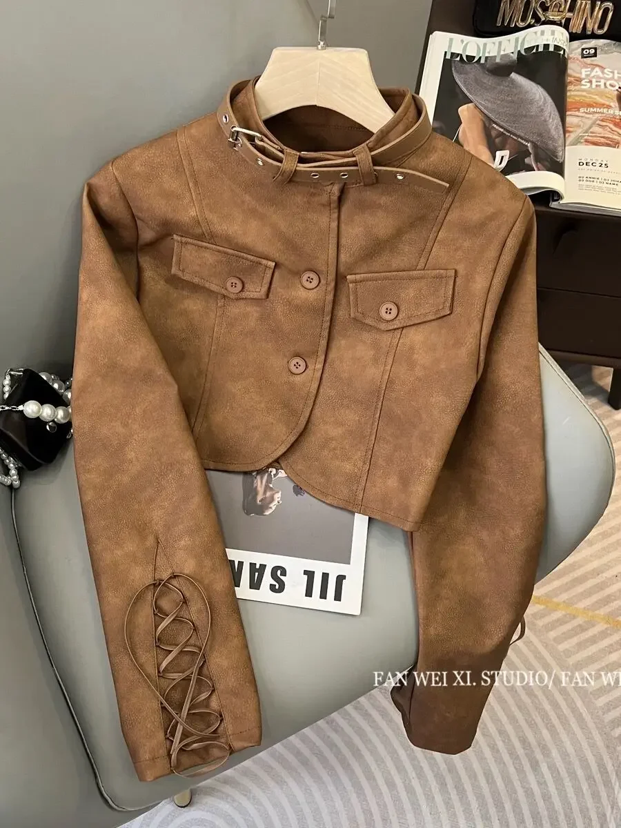 Korean Chic Retro Brown PU Leather Slim Jacket - Image 2