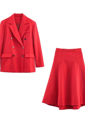 Winter Double-Breasted Blazer & Mid-Waist Skirt Set