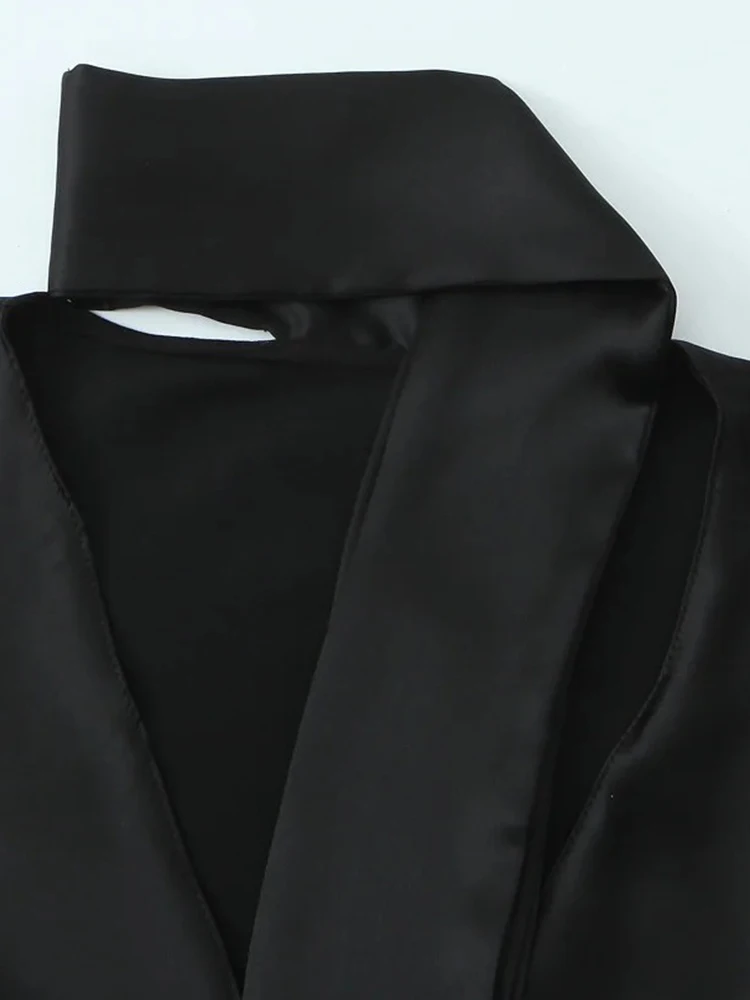 Women’s Elegant Silk-Feel V-Neck Scarf Collar Shirt - Image 6