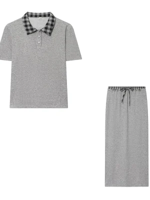 Chic Color-Block Polo with Lace-Up Midi Skirt