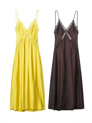 Women’s Winter Lace Satin Midi Dress