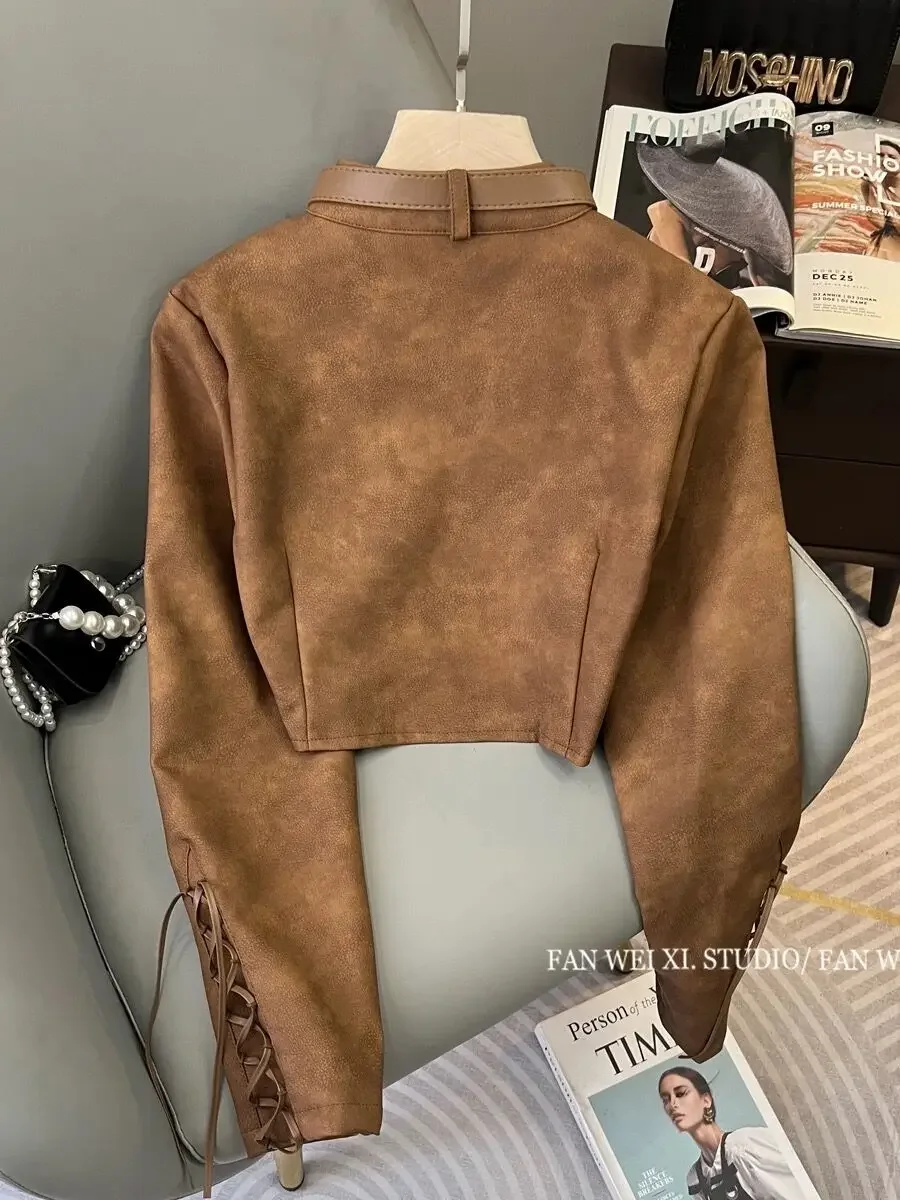 Korean Chic Retro Brown PU Leather Slim Jacket - Image 3