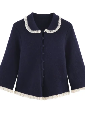 2025 Winter French Retro Lace Trim Knit Cardigan