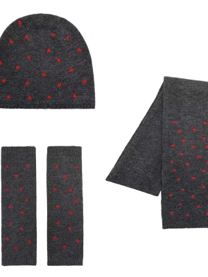 Winter Sweet Heart-Embroidered Gloves & Scarf Set with Brimless Hat