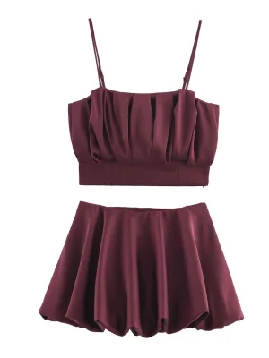 Women’s Balloon Sleeve Suspender Top & Skirt/Pants Set