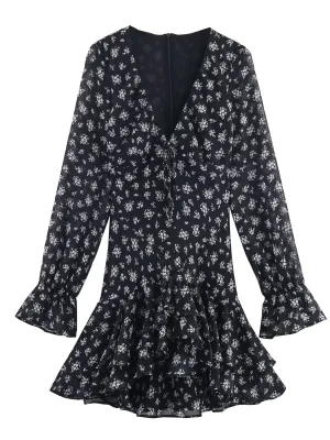Winter Retro Floral V-Neck Layered Dress