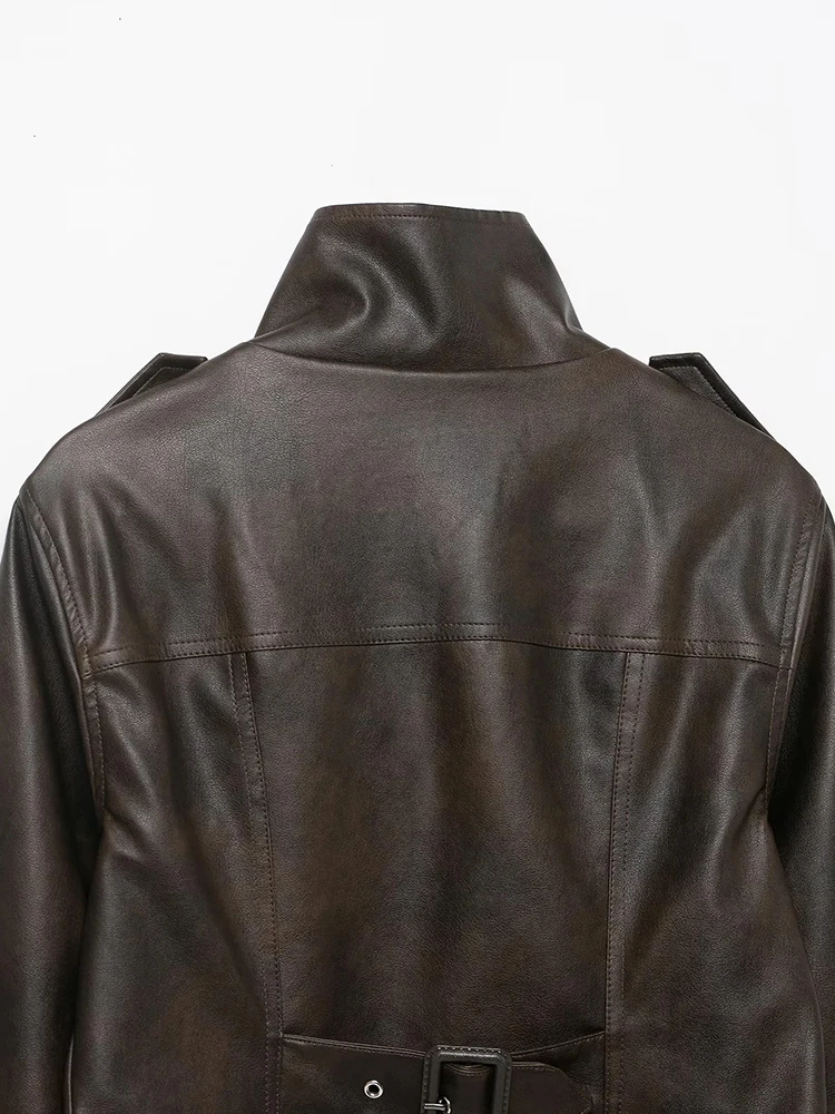 Women’s Vintage Faux Leather Zipper Jacket - Image 6