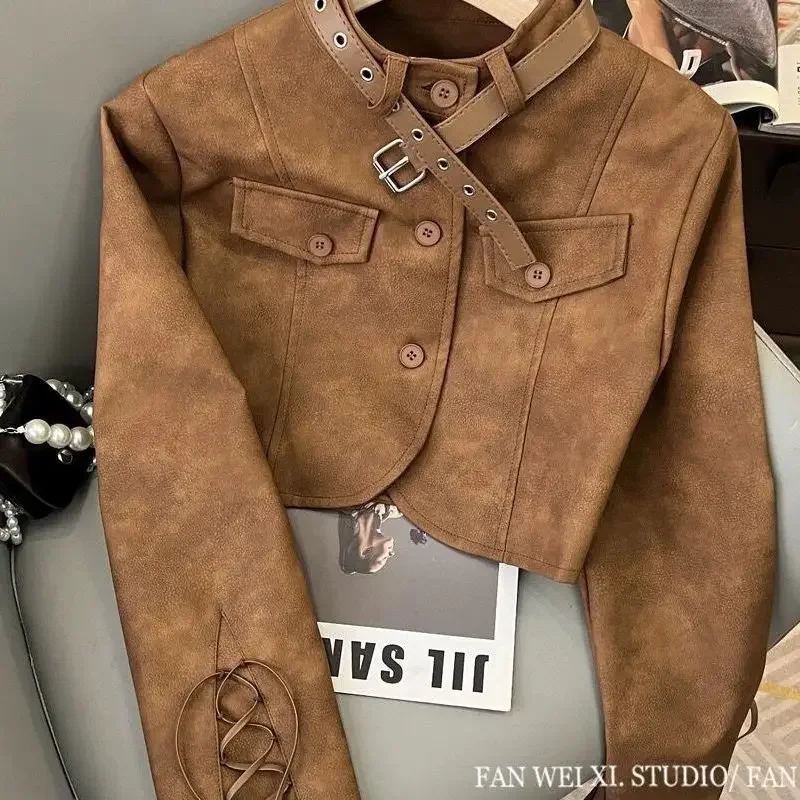 Korean Chic Retro Brown PU Leather Slim Jacket - Image 6