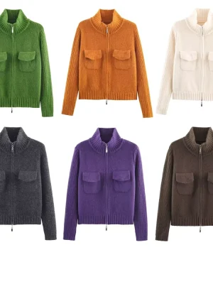 Women’s Double Zipper Stand Collar Knit Jacket