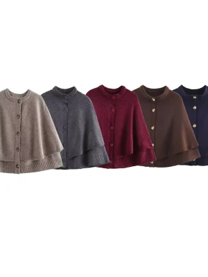Winter Round-Neck Short-Sleeve Knit Cape Jacket