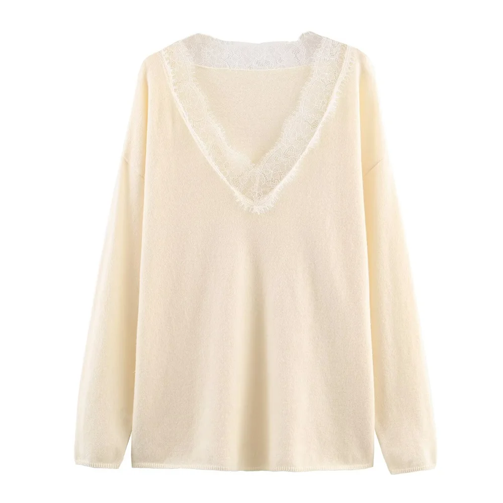 Women’s V-Neck Lace Patchwork Sweater - Image 2