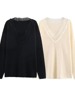 Women’s V-Neck Lace Patchwork Sweater