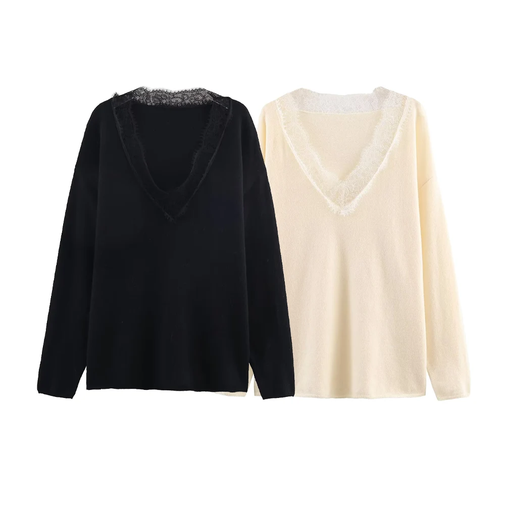 Women’s V-Neck Lace Patchwork Sweater