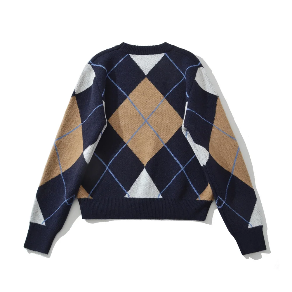 Autumn Winter Diamond Grid Knit Sweater - Image 2