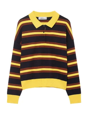European-Style Striped Polo Collar Knitted Sweater