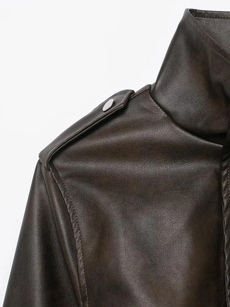 Women’s Vintage Faux Leather Zipper Jacket - Image 4
